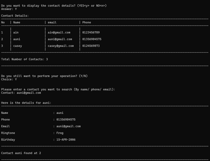 Search Contact Page of the System
