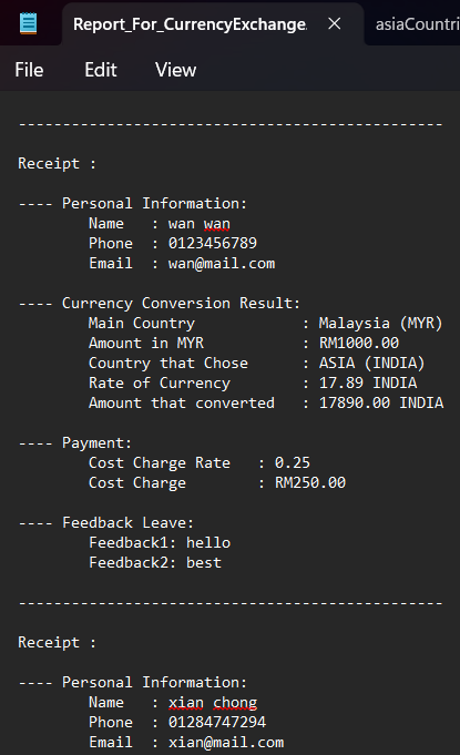 Report Receipt Currency Exchange System Output File
